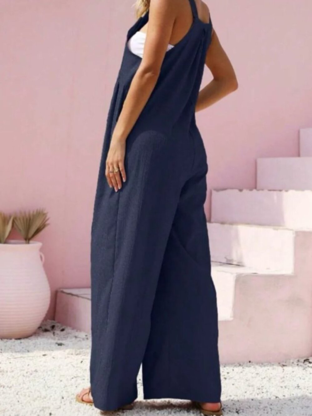 🪷Women's Navy Blue Jumpsuit Boho Wide Leg Overalls Loose Fit 100% Cotton M - Picture 5 of 16